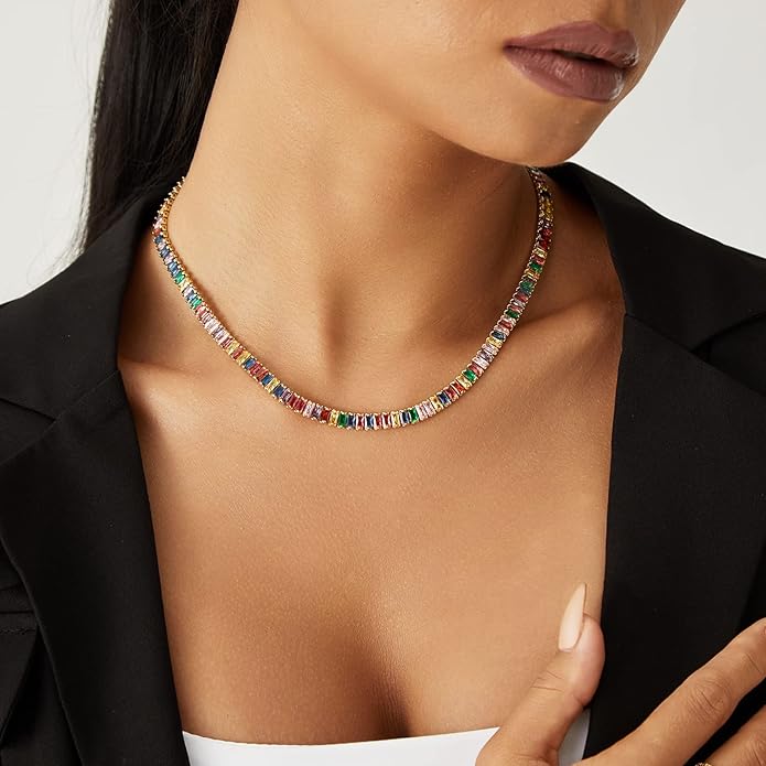 KissYan Diamond Tennis Necklace for Women, 14K/White Gold Plated Cubic Zirconia Baguette Tennis Chain Chunky Paperclip Link Cuban Choker Necklace Dainty Jewelry Gifts