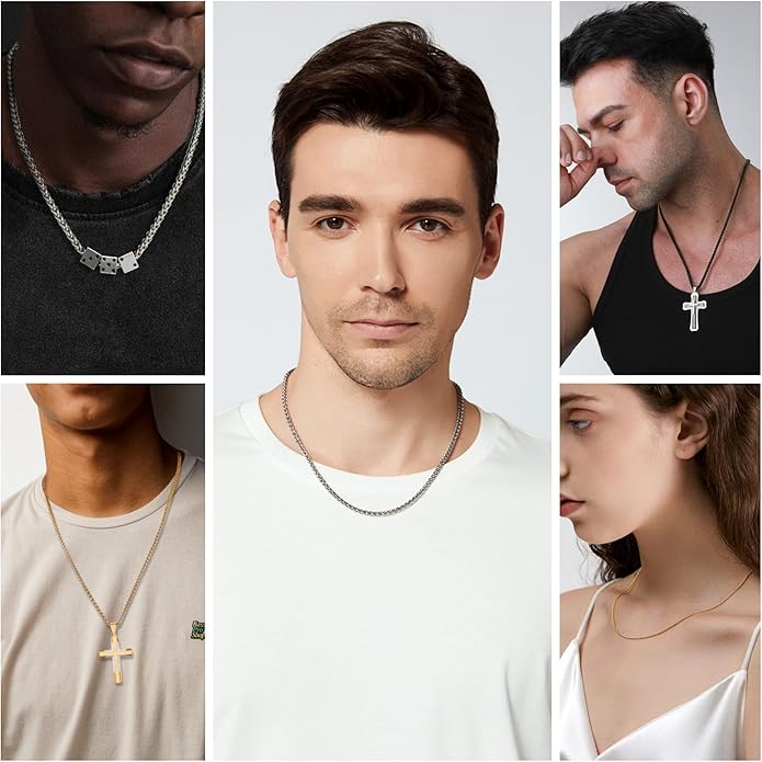 Garysiom 3 Pcs Chain Necklace for Men, 4mm Stainless Steel Gold Black and Silver Wheat Chains for Mens Jewelry Gift, 16"/20"/24"/28"/32 Inches