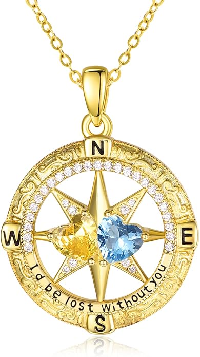 Zeuslia Double Birthstone Necklace Gifts for Wife - 925 Sterling Silver Sunflower/Rose/Crown Cross/Compass/Heart Pendant I Love You Necklace, Anniversary Birthday Gifts for Wife Girlfriend Mom Her