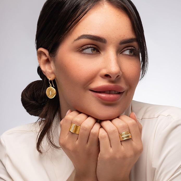 JEAN RACHEL JEWELRY 14K Gold Plated Sterling Silver Ring with 0.18 TCW Cubic Zirconia - Wide Band Hammered Vintage Design - Hypoallergenic, Lead & Nickel Free Jewelry Statement Rings for Women