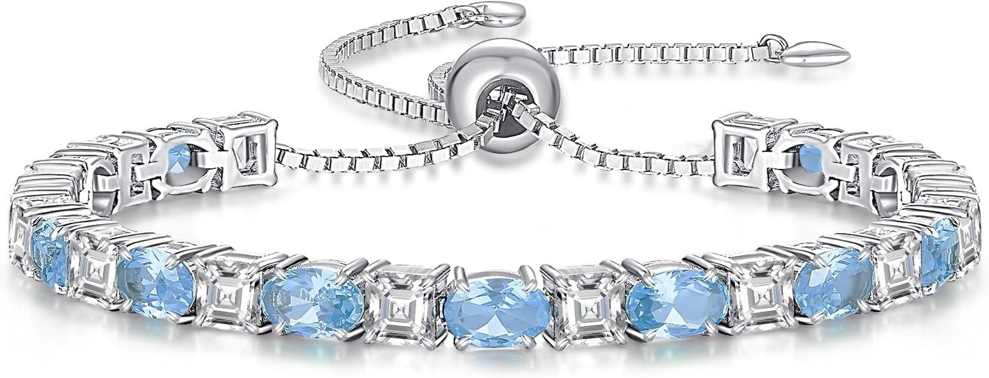 Sterling Silver Birthstone Bracelets for Women White Gold Tennis Bracelets Adjustable Chain 6-9 Inchs Jewelry Hypoallergenic Anniversary Birthday Gifts for Women Mom Wife Her