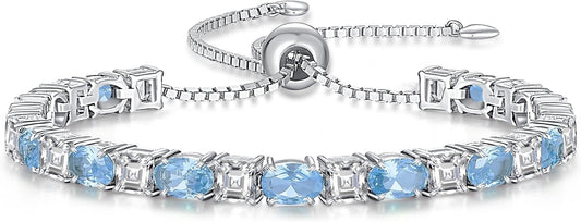 Sterling Silver Birthstone Bracelets for Women White Gold Tennis Bracelets Adjustable Chain 6-9 Inchs Jewelry Hypoallergenic Anniversary Birthday Gifts for Women Mom Wife Her