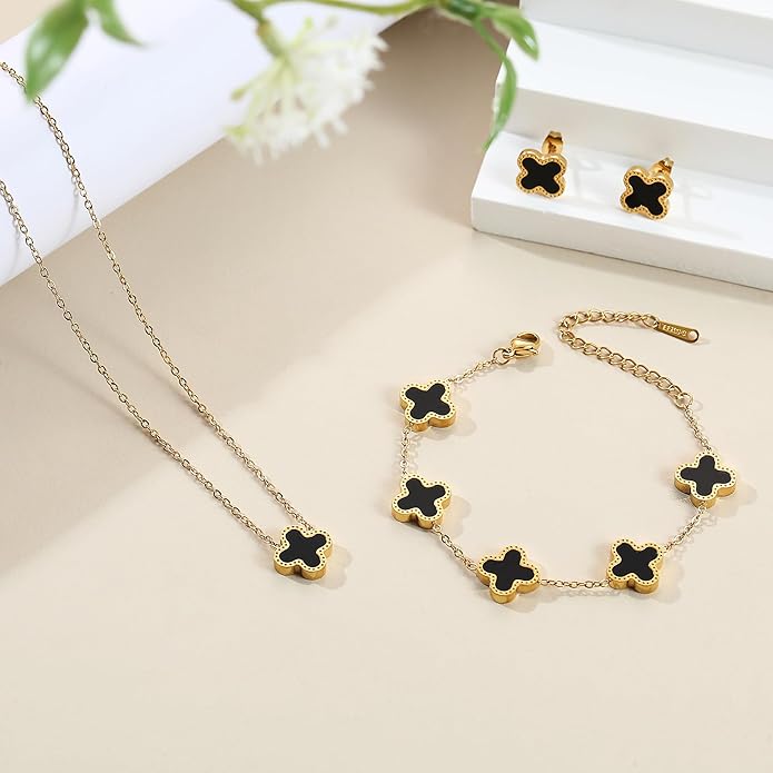 Lucky Clover Sets, 18K Gold Plated Four Leaf Bracelet, Necklace Pendant, Earrings for Women Flower Link Bracelets Set Jewelry Gifts for Women