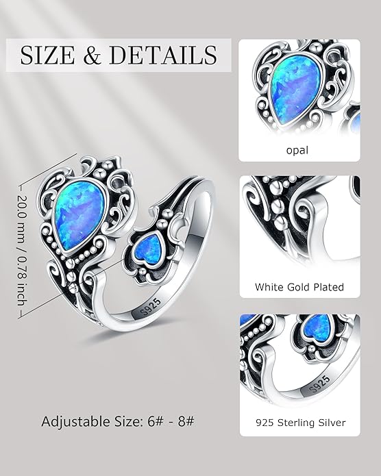 S925-Sterling-Silver Abalone Dragonfly-Turquoise Spoon Ring - Vintage Boho Sunflower Thumb Oxidized Wrap Rings Victorian Style Antique Floral Jewelry Gifts for Women