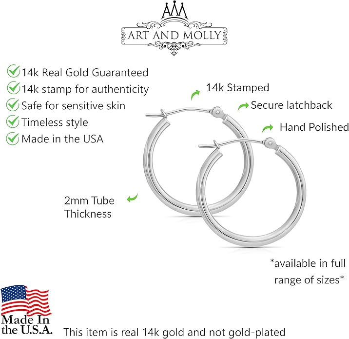 14k White Gold Polished Real Gold Hoop Earrings, Plain Round Gold Hoops, White Gold Hoop Earrings