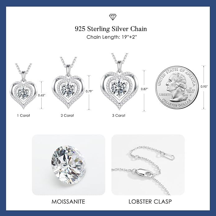 MOOSEA Valentines Day Gifts for Her - 925 Sterling Silver Double Heart Moissanite Pendant Necklace, 1-3 Carat D Color VVS1 Clarity Moissanite, Anniversary Birthday Gift for Women Mom Wife Girlfriend