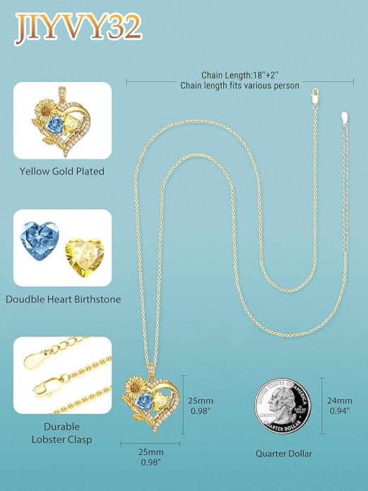 Sunflower Heart Necklace for Women 14K Gold Exquisite Anniversary Birthday Gifts for Wife Mother Her Double Birthstone Pendant jewelry‘You Are My Sunshine’