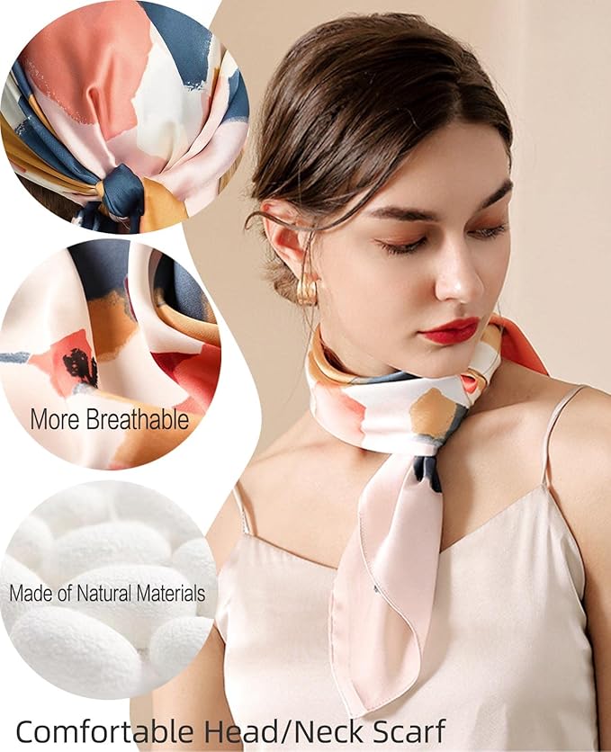 kcctoo 27.5" Mulberry Silk Feeling Head Scarf Women's Fashion Square Neck Satin Scarfs for Bag Hair Scarves Gift