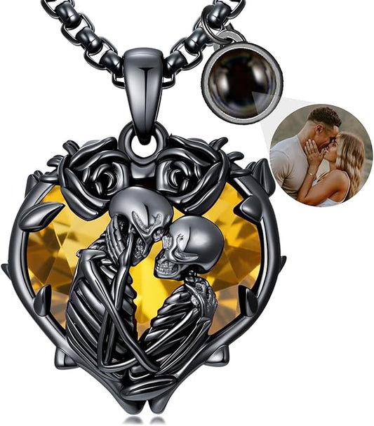 Flpruy 925 Sterling Silver Black Gothic Jewelry Gifts Skeleton Couple Pendant Crystal Birthstone Heart Necklace Punk Romantic Jewelry for Lover Men Women