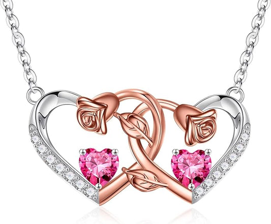 Iefil Chrismas Gifts for Wife - 925 Sterling Silver Rose Birthstone Necklace, Stocking Stuffers for Women Wife Girlfriend Mom