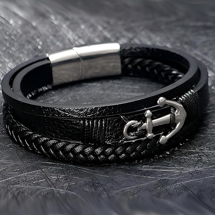 Italian Handmade Genuine Leather Bracelets for Men Stainless Steel Clip, Men's Casual Genuine Multi-layer Cuff Bracelet, Bracelet Gift for Real Men
