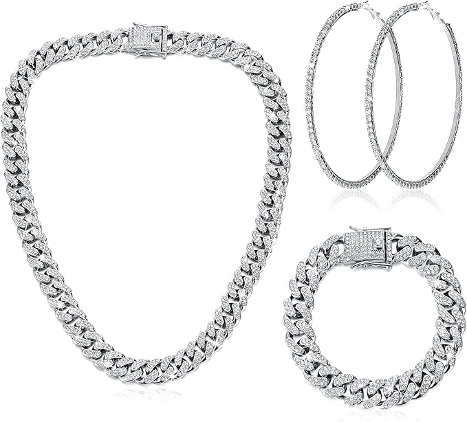 Batiyeer 3 Pcs Cuban Link Chain Necklace Bracelet Rhinestone Hoop Earrings Bling Crystal Hip Hop Jewelry for Women(20 Inch,Silver)