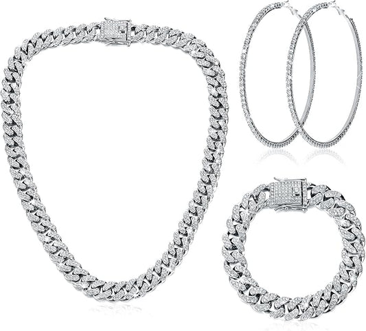 Batiyeer 3 Pcs Cuban Link Chain Necklace Bracelet Rhinestone Hoop Earrings Bling Crystal Hip Hop Jewelry for Women(18 Inch,Silver)