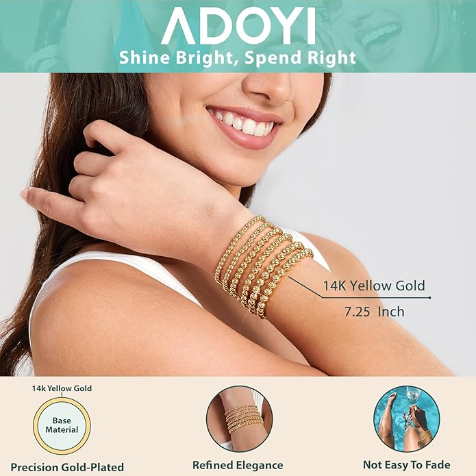adoyi Gold Bracelets for Women Waterproof, 14K Gold Plated Beaded Strand Bead Ball Bracelets stack Adjustable Jewelry Set for Gifts