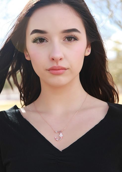 Flower Initial Letter Necklace Pink Red Blue Simulated Pearl Pendant Name Jewelry Made with Austrian Crystals Rose Gold Plated Anniversary Birthday Gifts for Women,18"+2"
