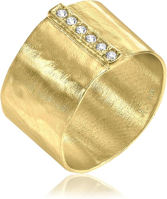 JEAN RACHEL JEWELRY 14K Gold Plated Sterling Silver Ring with 0.18 TCW Cubic Zirconia - Wide Band Hammered Vintage Design - Hypoallergenic, Lead & Nickel Free Jewelry Statement Rings for Women