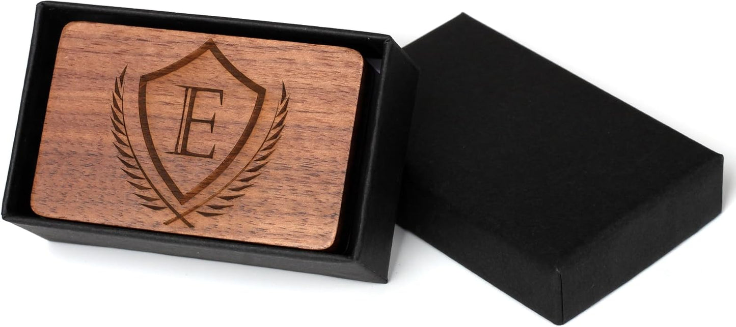 Mens Initial Cufflinks and Tie Clip A-Z Alphabet Letter Black Stainless Cuff Links Tie Bar with Engraved Walnut Wood Box Groom Groomsman Wedding Set