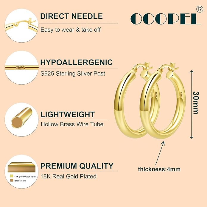 4mm Thick Gold Chunky Earrings Steling Silver Post Hoops Earrings For Women Hollow Tube Hoops Earrings Thick Gold Hoop Earrings Hypoallergenic Lightweight Gold Hoop Large Earrings 20/30/40/50/60MM