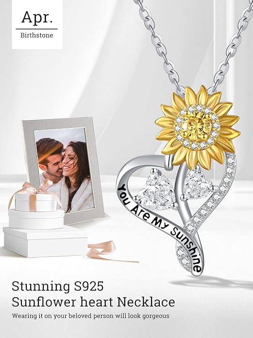 Zeuslia Double Birthstone Necklace Gifts for Wife - 925 Sterling Silver Sunflower/Rose/Crown Cross/Compass/Heart Pendant I Love You Necklace, Anniversary Birthday Gifts for Wife Girlfriend Mom Her