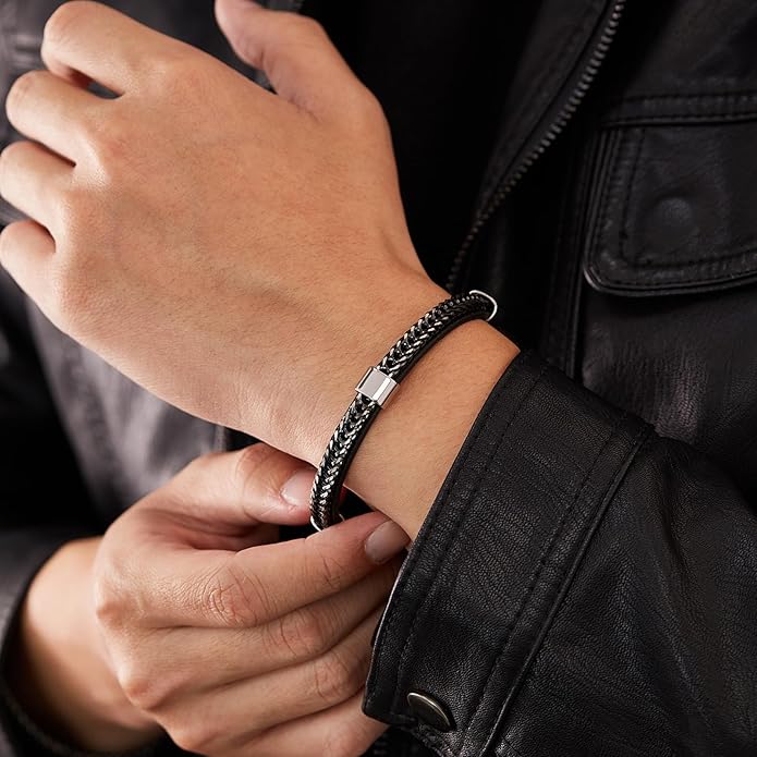 Italian Handmade Genuine Leather Bracelets for Men Stainless Steel Clip, Men's Casual Genuine Multi-layer Cuff Bracelet, Bracelet Gift for Real Men