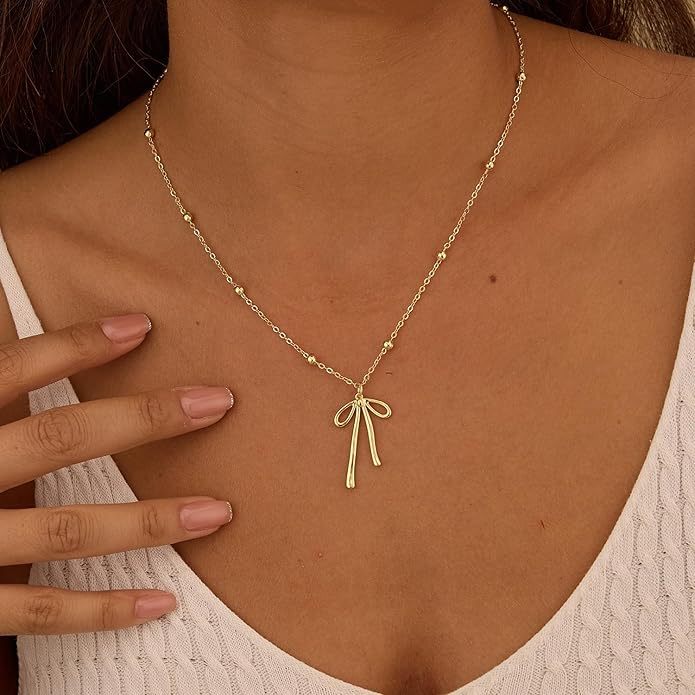 Gold Necklace for Women Dainty Bow Necklace 14K Gold Plated Cute Choker Necklace Small Bow Pendant Charm Necklaces Teen Gift Trendy Stuff Personalized Jewelry Gifts