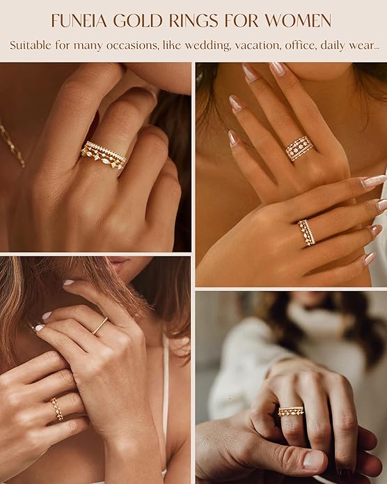 FUNEIA Stackable Silver Gold Rings for Women Non Tarnish 14K Gold Plated Thumb Cubic Zirconia Rings for Women Dainty Pinky Promise Wedding Ring Set Women's Engagement Eternity Band Rings Gold Jewelry