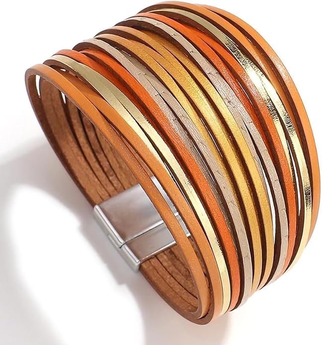 Fesciory Leather Wrap Bracelets for Women, Boho Leopard Multi-Layer Crystal Beads Cuff Bracelet Jewelry