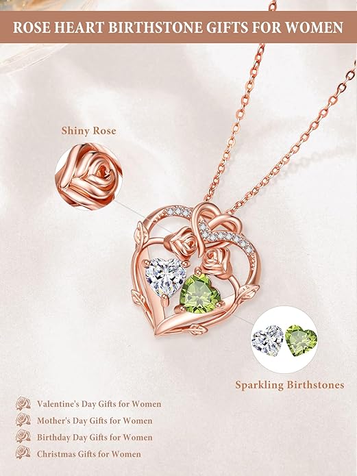 Rose Gold Necklaces for Women Double Birthstone Rose Flower Heart Pendant Necklace Jewelry Anniversary Christmas Valentine's Mother's Day Birthday Gift for Wife Mom Her Girlfriend Sister