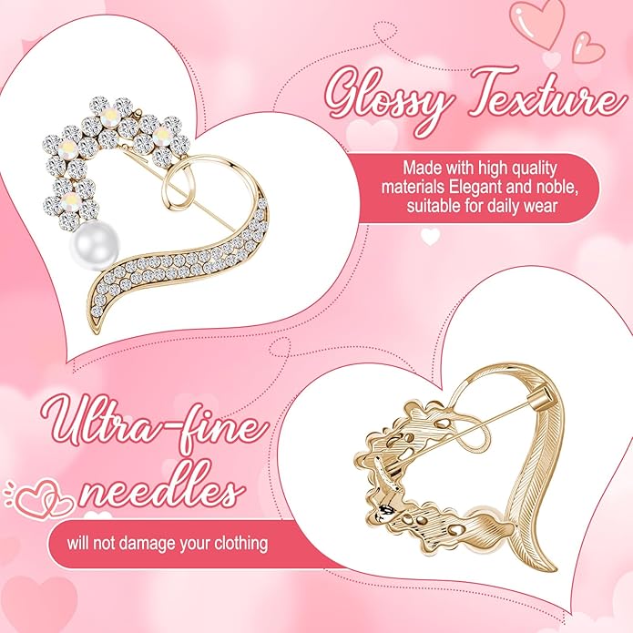 Junkin 6 Pcs Love Heart Brooch Pin Women Crystal Rhinestone Gift Hollow Lapel Crystal Brooch Pins for Girls Party Wedding Festivals Valentine's Day