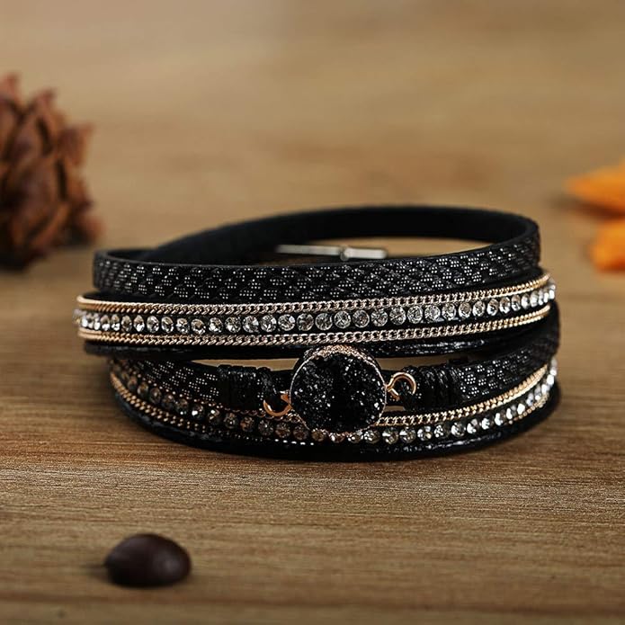 Fesciory Leather Wrap Bracelets for Women, Boho Leopard Multi-Layer Crystal Beads Cuff Bracelet Jewelry