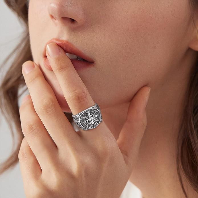 EUDORA S925 Sterling Silver St Benedict Ring San Benito Rings for Women Men, Vintage Ankh Cross Ring Saint Benedict Amulet Adjustable Rings Gifts for Women Mens Father Mother