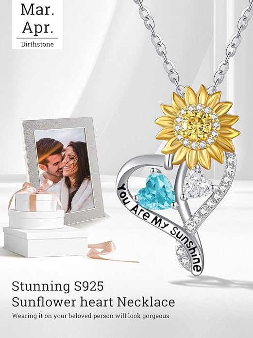 Zeuslia Double Birthstone Necklace Gifts for Wife - 925 Sterling Silver Sunflower/Rose/Crown Cross/Compass/Heart Pendant I Love You Necklace, Anniversary Birthday Gifts for Wife Girlfriend Mom Her