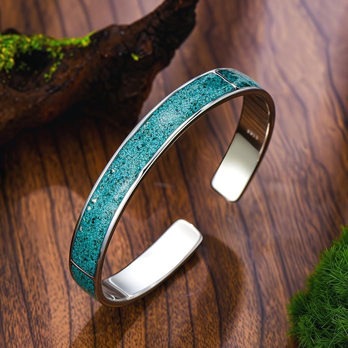 Genuine Turquoise Boho Bracelet for Women, Sterling Silver Adjustable Bangle Cuff Native American Gemstones Jewelry, Fit for 6.5 7 7.5 Inches