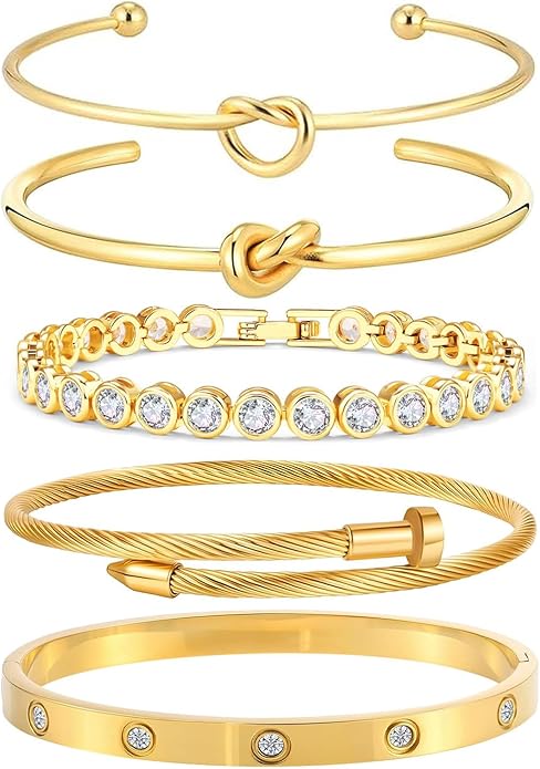 FAFUGA 18 K Gold Plated Love Bangle Bracelet Stack Cuff Jewelry for Women Jewelry Set for Women Gift with Box