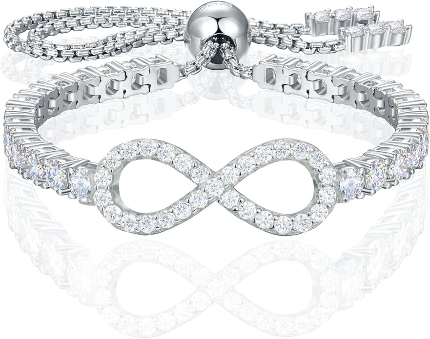 Imitation Diamond Infinity Tennis Bracelet for Women 3mm, 18K Gold Vermeil Moissanite Adjustable Bracelet, Skin-friendly .925 Sterling Silver Bolo Chain for Wrist Measuring 4"-9.5", D Color VVS1 Lab-created Diamond Jewelry Gift for Women