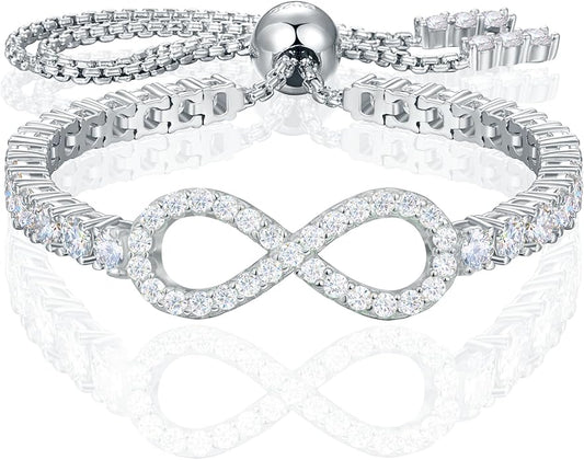 Imitation Diamond Infinity Tennis Bracelet for Women 3mm, 18K Gold Vermeil Moissanite Adjustable Bracelet, Skin-friendly .925 Sterling Silver Bolo Chain for Wrist Measuring 4"-9.5", D Color VVS1 Lab-created Diamond Jewelry Gift for Women