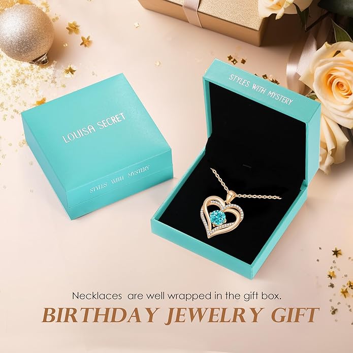 LOUISA SECRET Love Heart Birthstone Necklaces for Women, Birthday Gift for Girlfriend, Anniversary Jewelry Gift for Wife Her, 925 Sterling Silver Women Pendant Necklace, Mother's Day Christams Gift