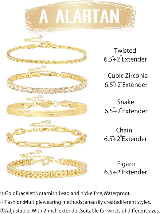 Gold Bracelets for Women 14K Gold Plated Stack Trend Bracelets Charm Paperclip Chain Cuban Link Layered Waterproof Bracelet Dainty Bracelet for Women Jewelry Gifts