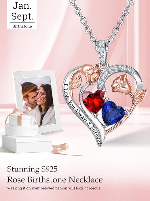 Zeuslia Double Birthstone Necklace Gifts for Wife - 925 Sterling Silver Sunflower/Rose/Crown Cross/Compass/Heart Pendant I Love You Necklace, Anniversary Birthday Gifts for Wife Girlfriend Mom Her