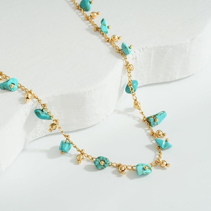 MTMY Beaded Necklaces for Women 14K Gold Plated Dainty Colorful Green/Rose Beaded Pearl Choker Necklace Delicate Boho Choker Necklace Jewelry Gift