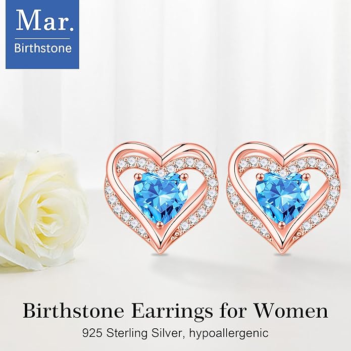Iefil Birthstone Earrings for Women, 925 Sterling Silver Heart Stud Earrings Birthday Gifts for Women