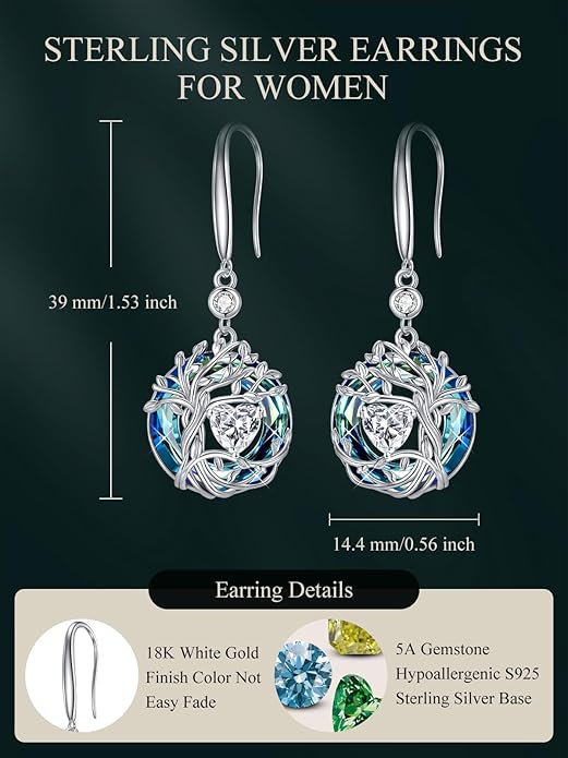 TOUPOP Tree of Life Birthstone Earrings for Women 925 Sterling Silver Family Tree Dangle Earrings Austrian Crystal Jewelry Birthday Christmas Gifts for Her Girlfriend Wife Mom
