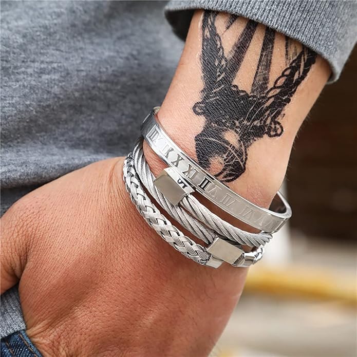 WFYOU 3PCS Stainless Steel Bracelets for Men Gold Roman Numeral Bangle Bracelet Twisted Cable Bracelet Adjustable Cuff Bracelet Mens Luxury Jewelry Bracelets Gifts