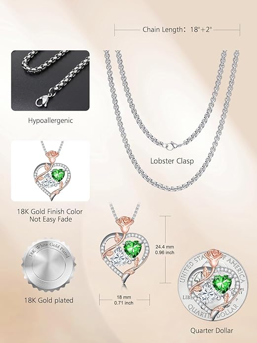 Christmas Gifts for Women Rose Heart Birthstone Pendant Necklace I Love You Forever Jewelry Valentine Mothers Day Birthday Gifts for Women Her Wife Girlfriend
