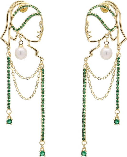 Unique Abstract Face Art | Dangle Statement Long Earrings for Women | Rhinestone Tassel Handmade Chandelier Earrings