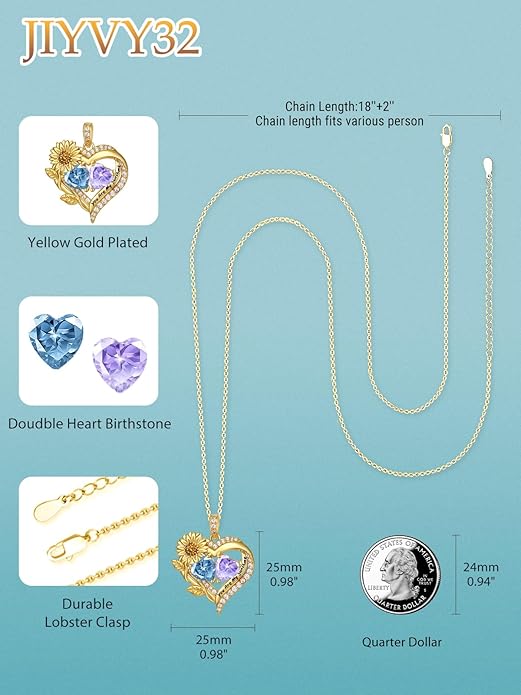 Sunflower Heart Necklace for Women 14K Gold Exquisite Anniversary Birthday Gifts for Wife Mother Her Double Birthstone Pendant jewelry‘You Are My Sunshine’