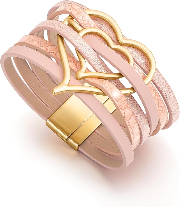 Edoneery Leather Wrap Bracelet for Women, Boho Handmade Multi-Layer Cuff with Crystal Beads Heart, Stackable Bangle Western Jewelry Gift