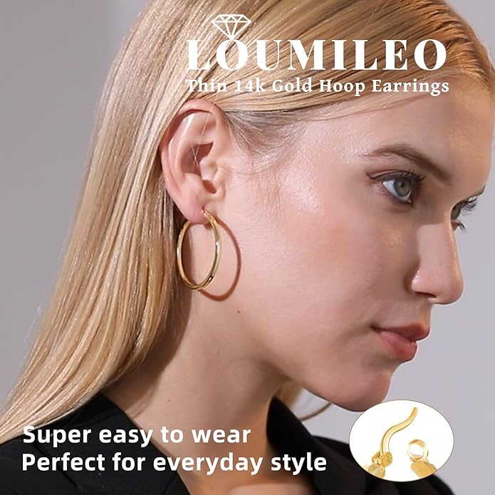 LOUMILEO 2mm Thin 925 Sterling Silver & 14k Gold Plated Hoop Earrings Large Silver Hoop Earrings Hypoallergenic Lightweight Hoops Earrings for Women 30/40/50/65MM