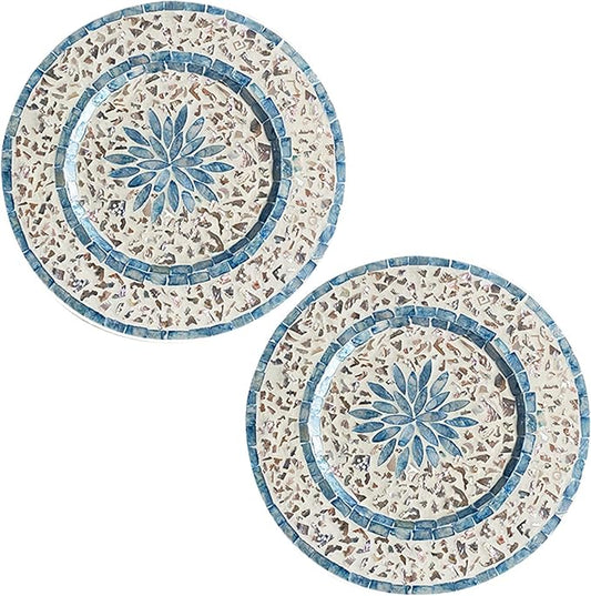 i-lan 2Pack 13" Mother Of Pearl Decorative Charger Plates for Display,Sea Shell Embedded Wood Charger Plates for Dining, Party,Diner Table Modern and Rustic Decorative Placemats,Green Ray