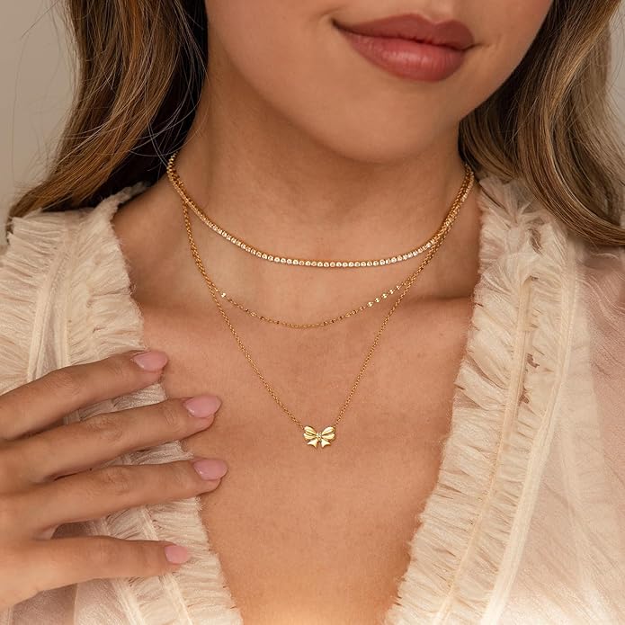 Gold Necklace for Women Dainty Bow Necklace 14K Gold Plated Cute Choker Necklace Small Bow Pendant Charm Necklaces Teen Gift Trendy Stuff Personalized Jewelry Gifts